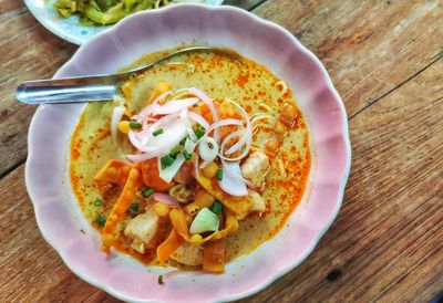 High angle view of soup in bowl on table