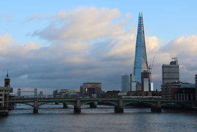 Bridge over river with buildings in background