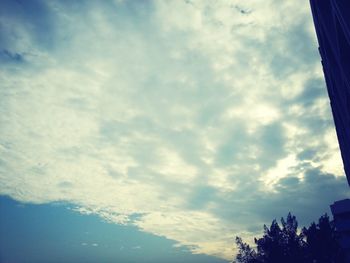 Low angle view of trees against cloudy sky