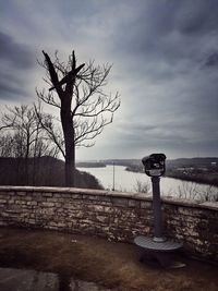 Bare tree by sea against sky