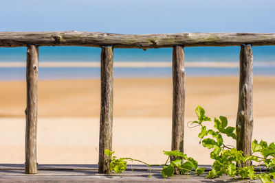 Close-up of railing at beach