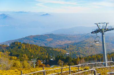 Scenic view of mountains against sky and cable car, mottarone, italy