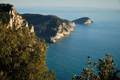 High angle view of bay against sky