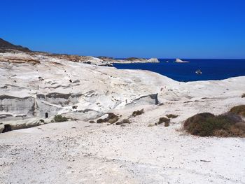 Scenic view of beach against clear blue sky