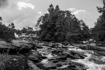 Stream flowing through rocks in forest against sky