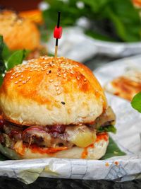 Close-up of burger in plate on table