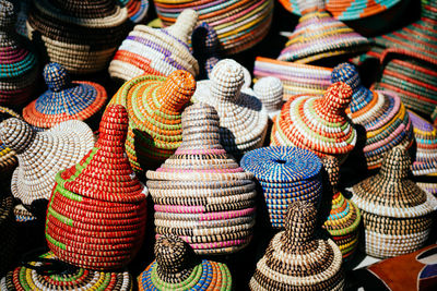 High angle view of various crochet containers for sale