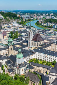 High angle view of townscape against sky in city