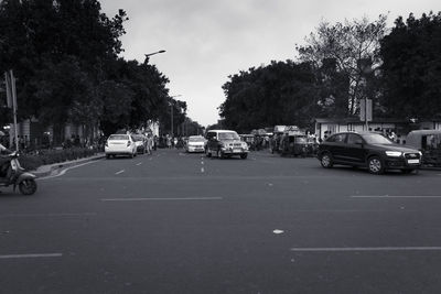 Cars on road against trees in city