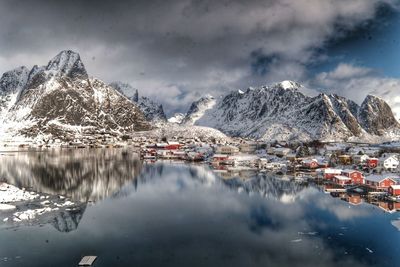 Scenic view of lake and snowcapped mountains against sky