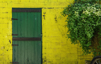 Closed door of yellow house