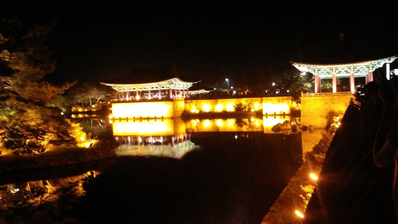 illuminated, architecture, night, built structure, building exterior, reflection, water, river, waterfront, sky, travel destinations, bridge - man made structure, famous place, religion, place of worship, temple - building, history, clear sky, arch, lighting equipment