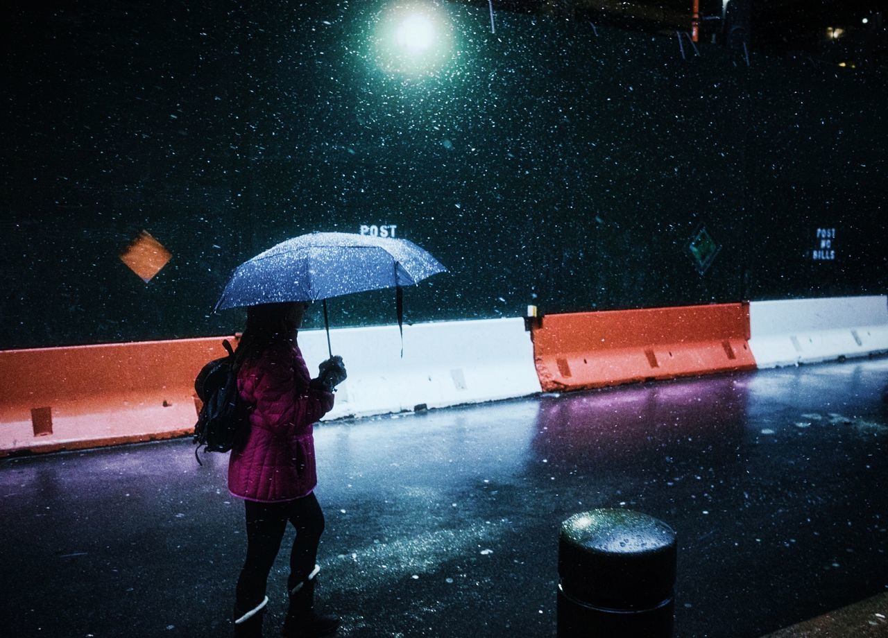 umbrella, rain, protection, wet, night, real people, security, one person, rainy season, water, full length, monsoon, nature, standing, cold temperature, winter, women, snow, snowing, outdoors, raindrop, warm clothing