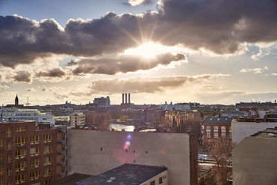 High angle view of townscape against sky during sunset