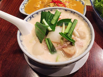 High angle view of soup in bowl on table