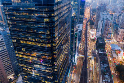 High angle view of city buildings at night