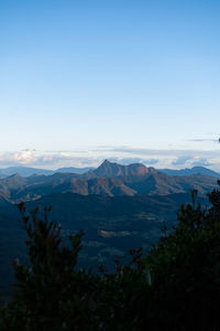 Scenic view of mountains against clear blue sky