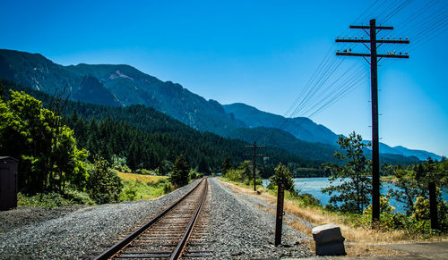 Railroad track by mountains against clear sky