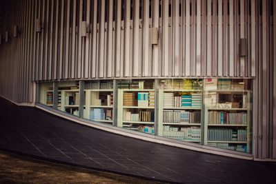 Books on shelf in building