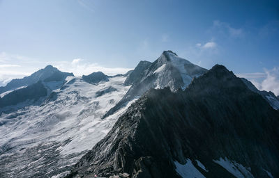 Scenic view of snowcapped mountains against sky