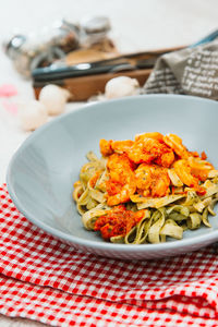 Close-up of pasta served in plate