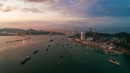 High angle view of city at waterfront