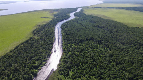 High angle view of road amidst field