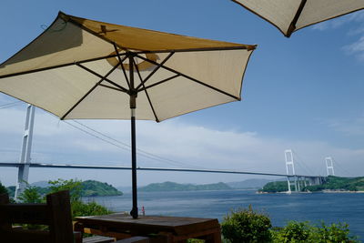 Low angle view of suspension bridge against sky