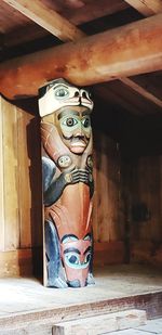 Close-up of statue against wooden wall