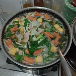 High angle view of soup in bowl on table