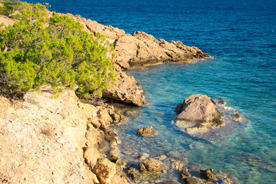 Scenic view of rocks by sea