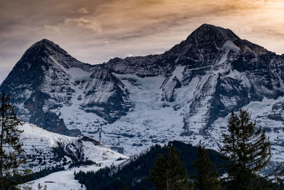 Scenic view of snow covered mountains against sky