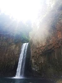 Scenic view of waterfall in forest against sky