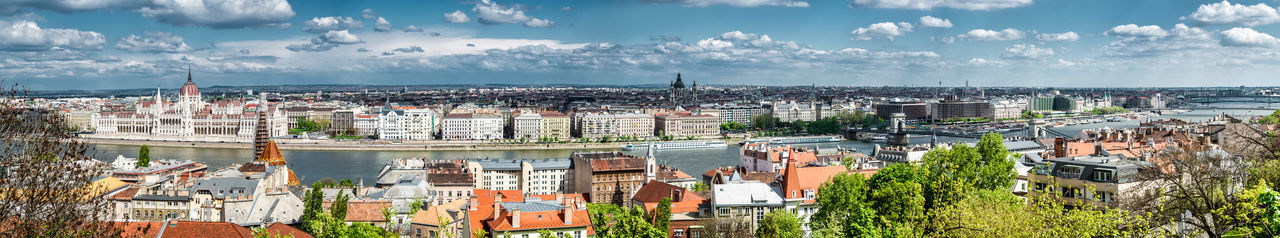 Panoramic view of cityscape against sky during sunny day