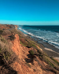 Scenic view of sea against clear blue sky