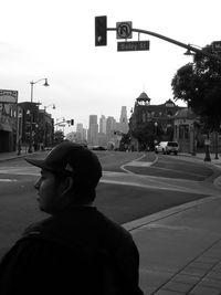 Rear view of man on city street