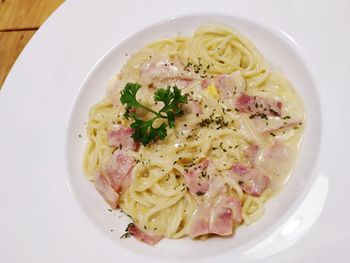 High angle view of food in plate on table