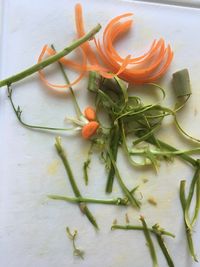 High angle view of chopped vegetables on table