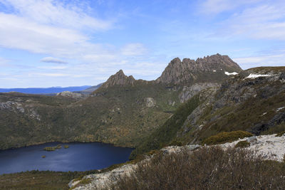 Scenic view of mountains and lake against sky