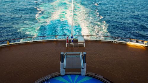 High angle view of ship sailing in sea