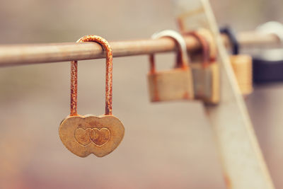 Close-up of padlocks hanging on metal