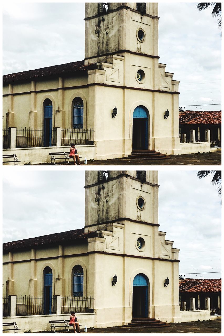 architecture, built structure, building exterior, cloud - sky, sky, arch, religion, real people, spirituality, low angle view, facade, day, outdoors, place of worship, bell tower, men, city