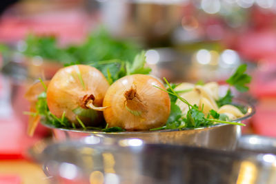 Close-up of fruits in plate on table