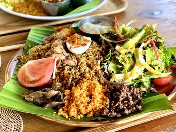 Close-up of meal served on table