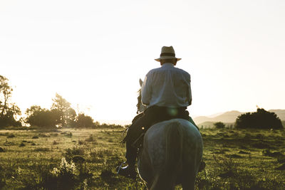 Rear view of man sitting on horse over field against sky