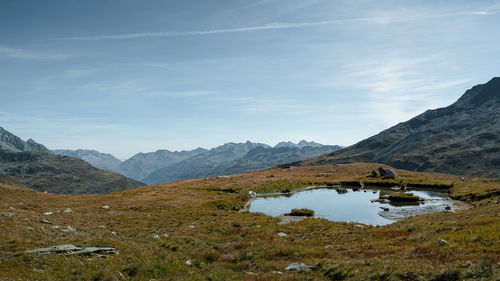 Scenic view of lake and mountains against sky