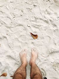 Low section of man standing on sand