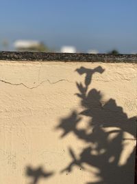 Shadow of people on sand at beach against sky