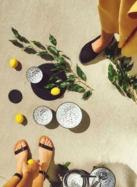 Low section of people standing by bowls and lemon on floor