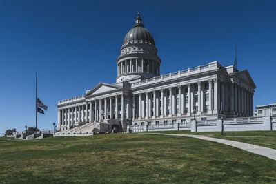 Front of the capitol, government building on a sunny day in the usa.